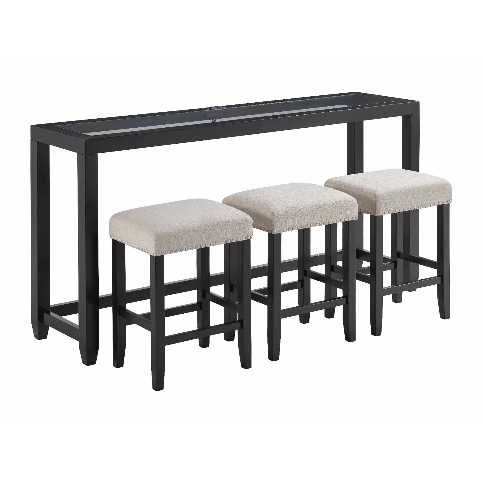 Cordero 72" Glass Top Black Console Bar Table and 3 Stools Set