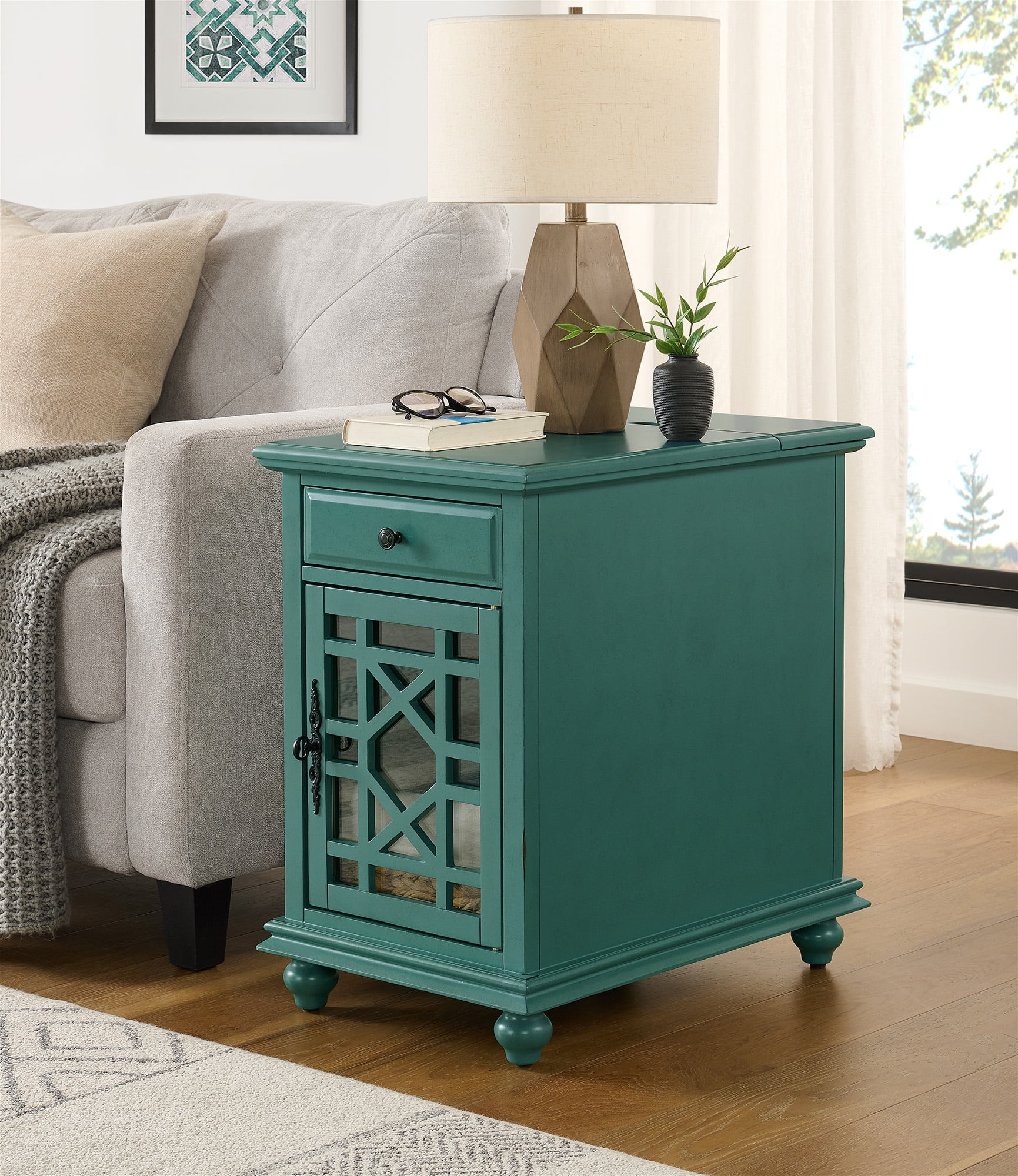 Antique Teal Parisian-Inspired Chairside Table with Power