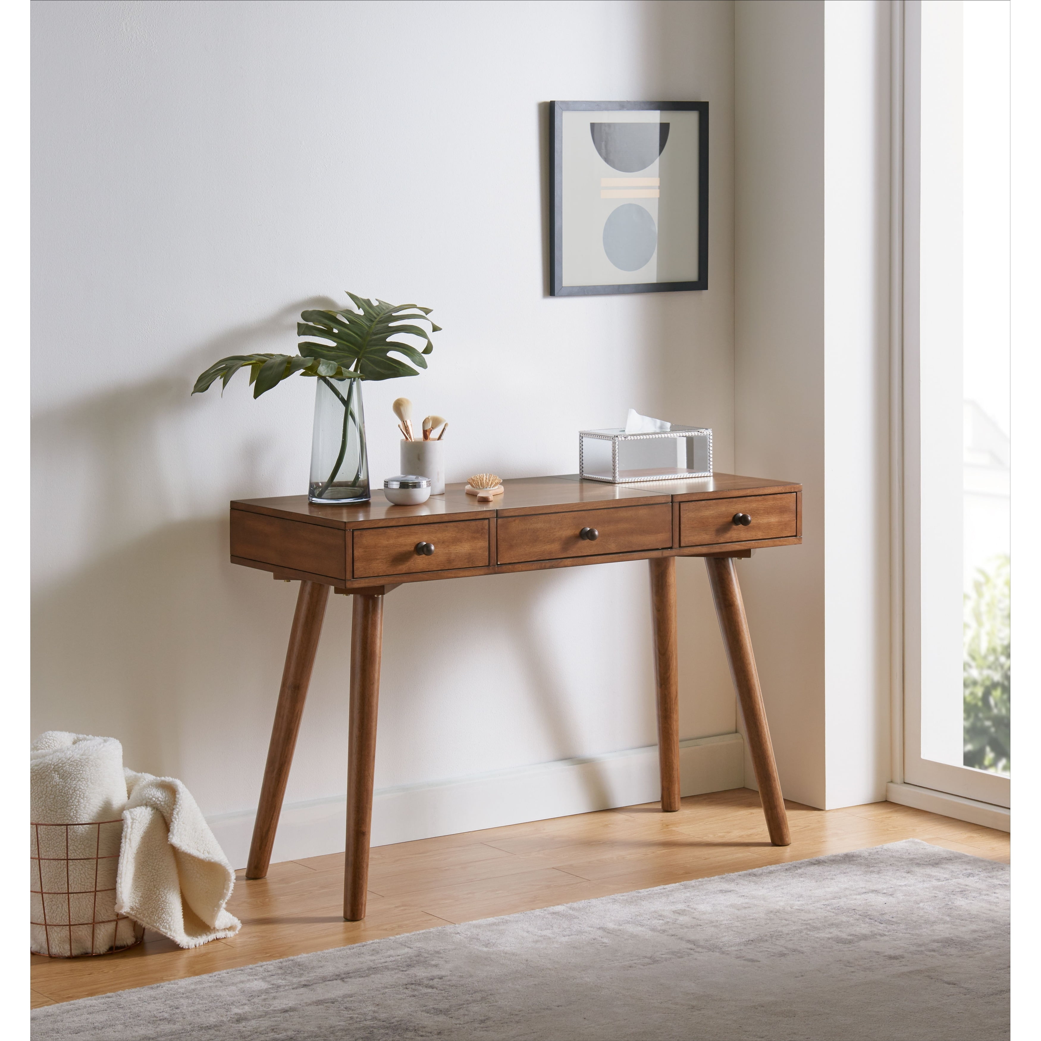 Cinnamon Birch Veneer Mid-Century Modern Vanity Desk with Mirror