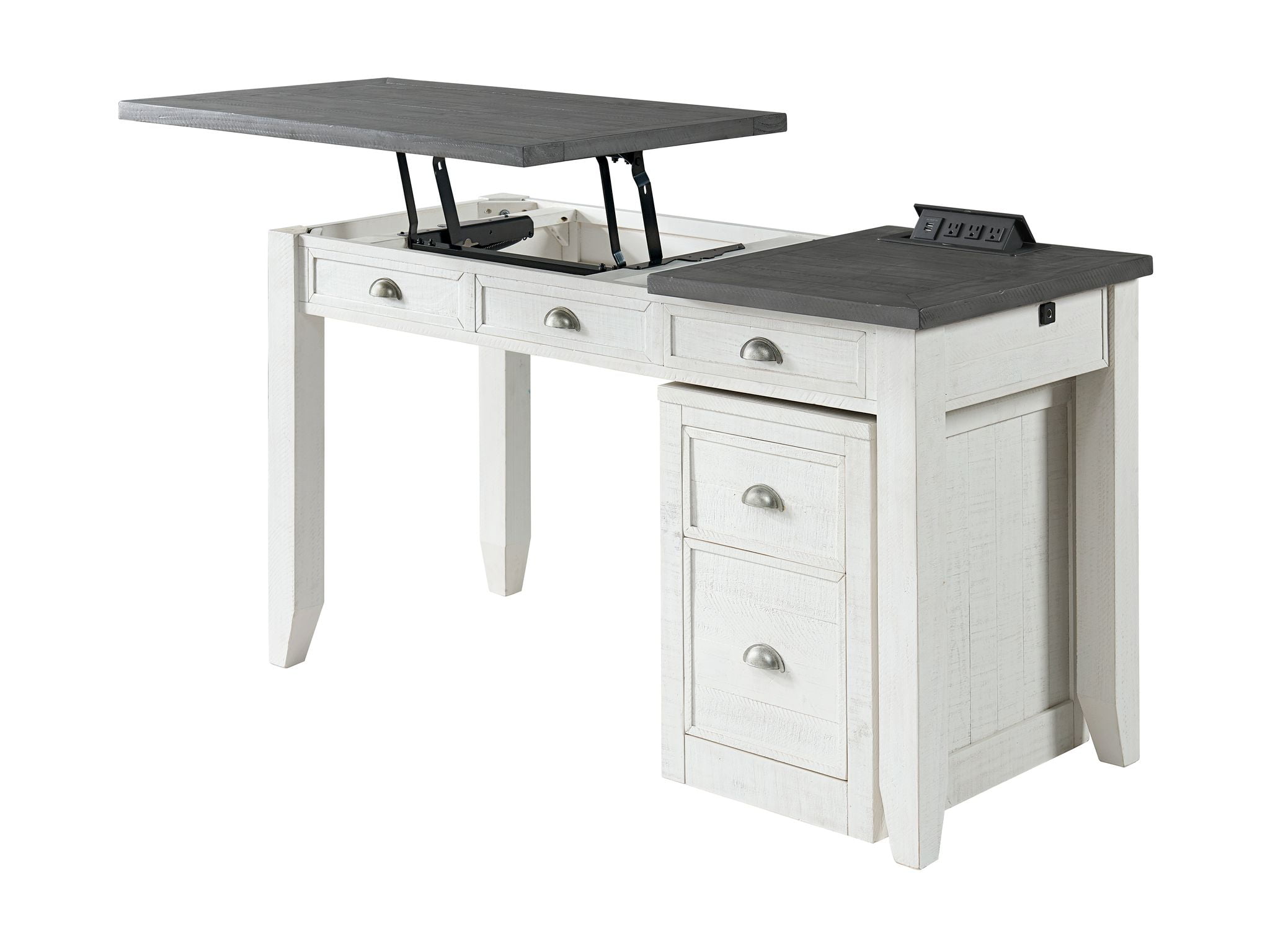 White and Gray Lift-Top Desk with Drawer and USB Ports