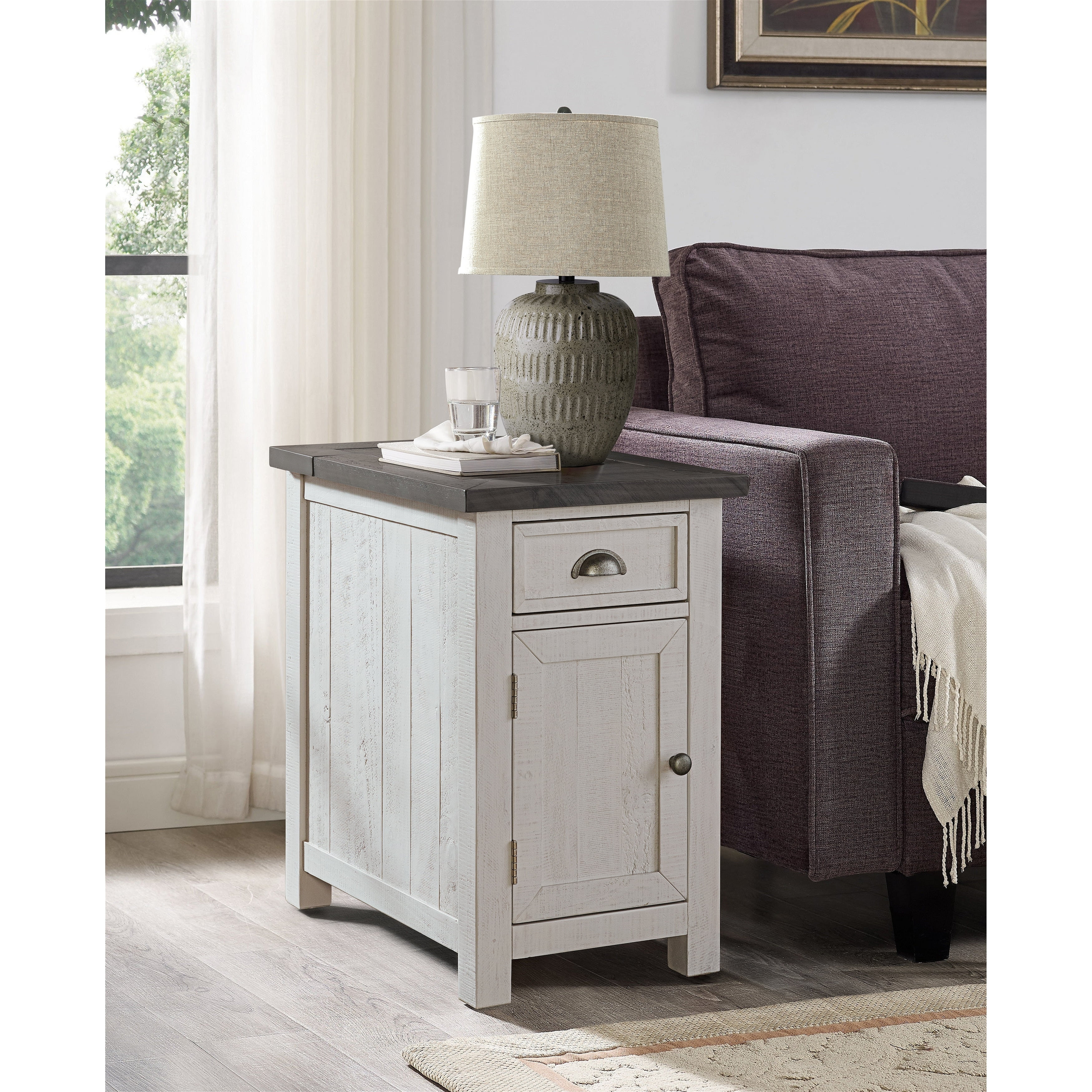 Coastal Farmhouse White and Grey Pine Chairside Table with Power