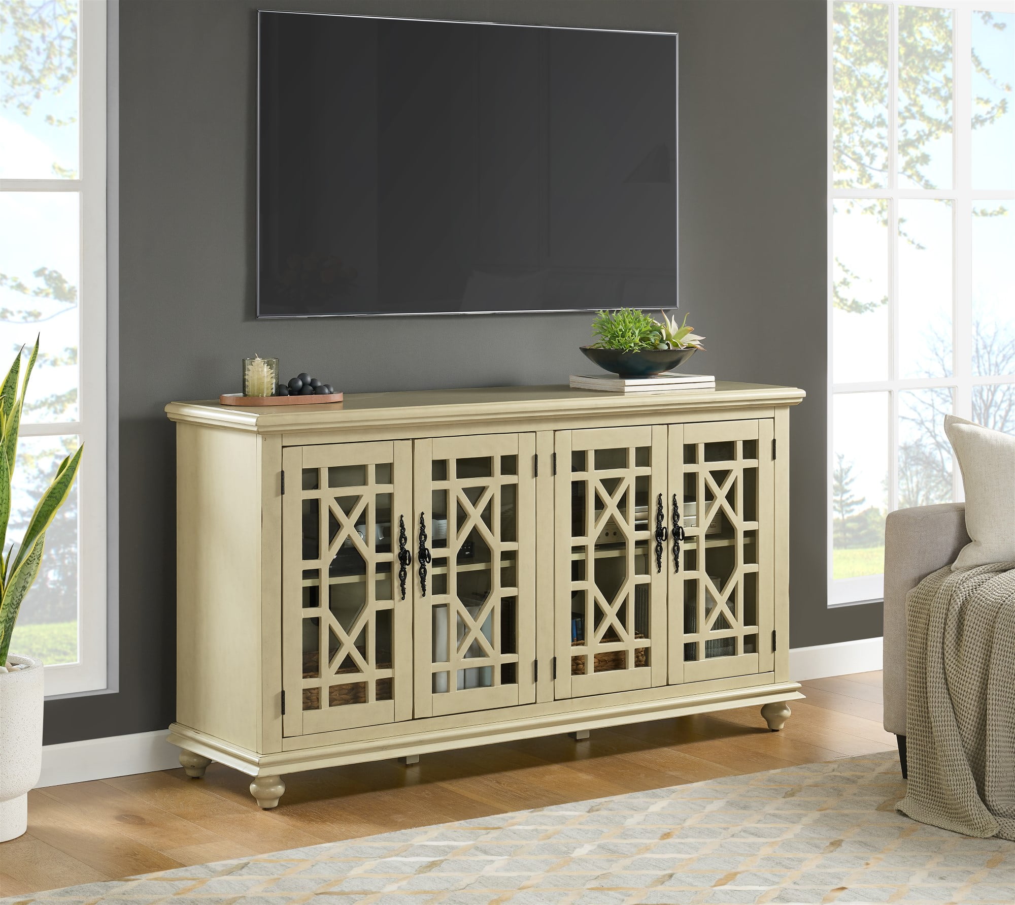 Ahmara Antique White 63'' Traditional Media Console with Cabinet