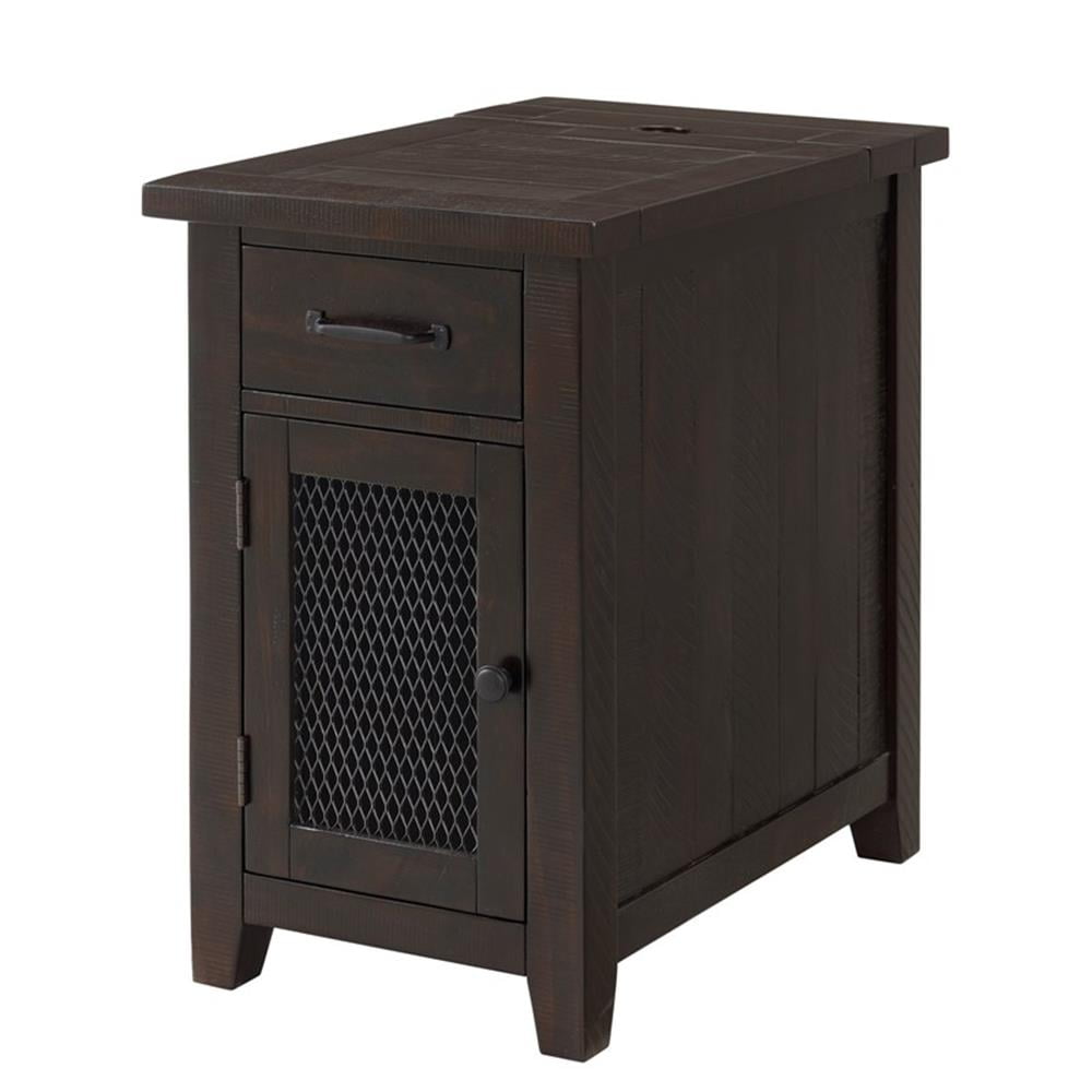 Espresso Rustic Pine Chairside Table with Power Outlets and Storage