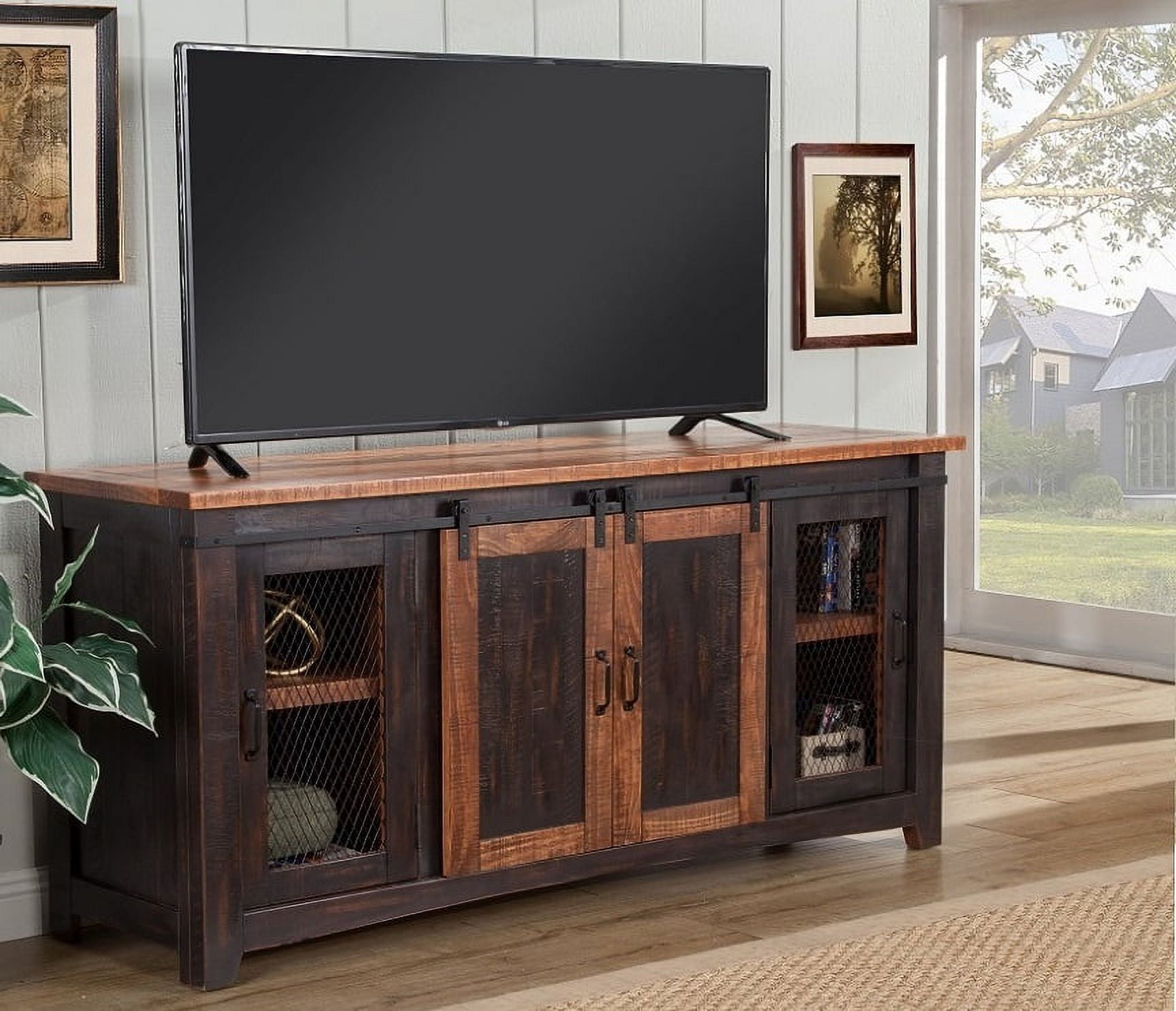 Rustic Antique Black and Distressed Pine 65" TV Stand with Sliding Barn Doors
