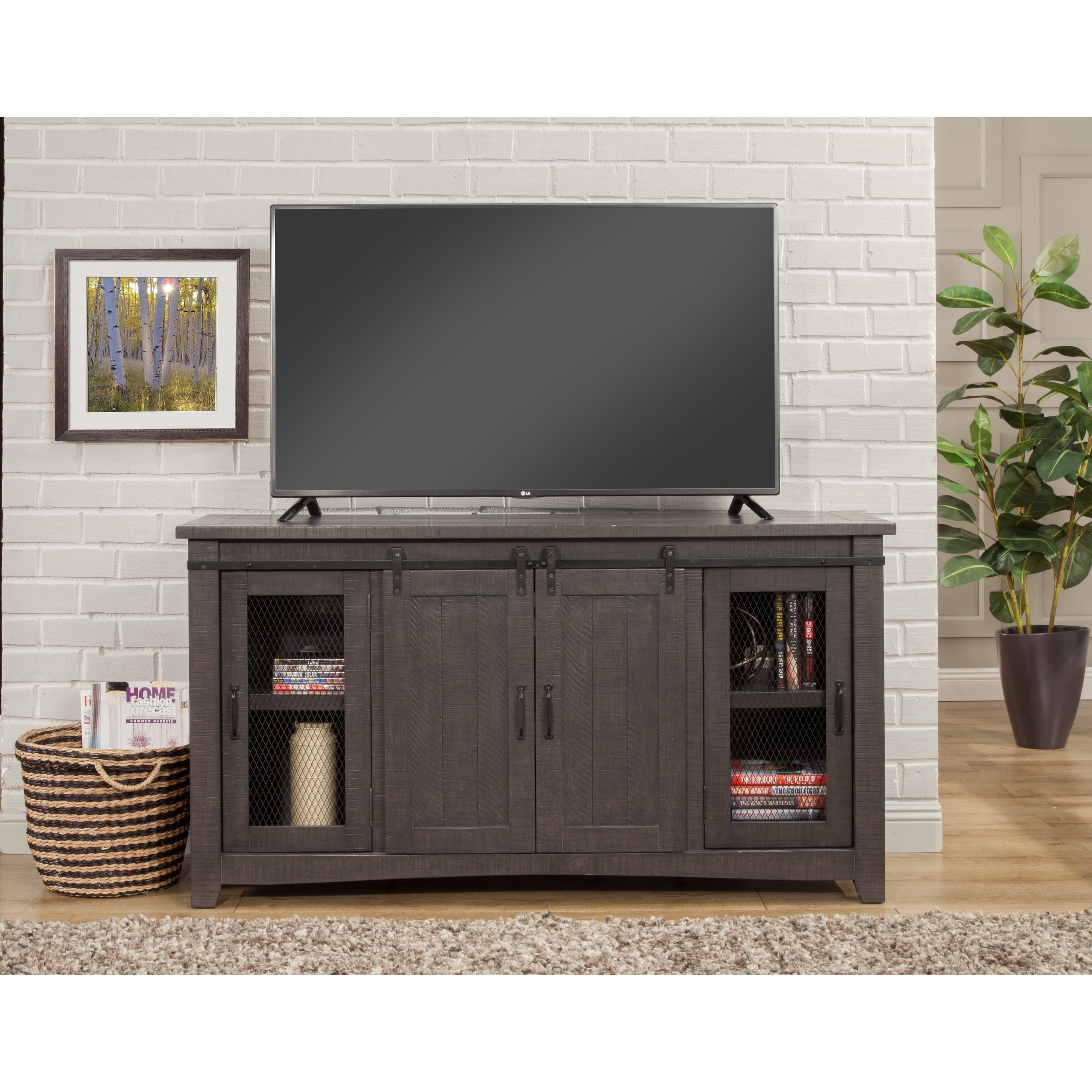 Rustic Sierra 65" Solid Pine TV Stand with Mesh Doors - Gray Finish