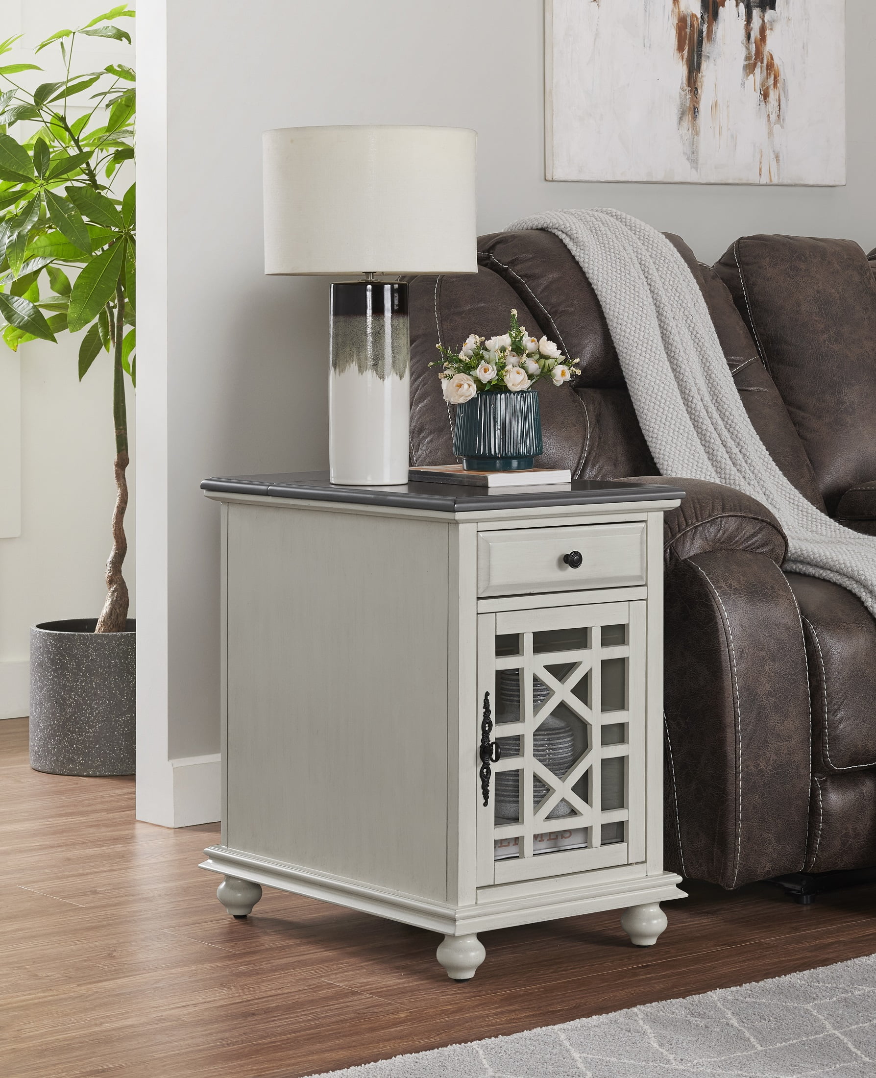 White and Gray Rectangular Wood Chairside Table with Storage