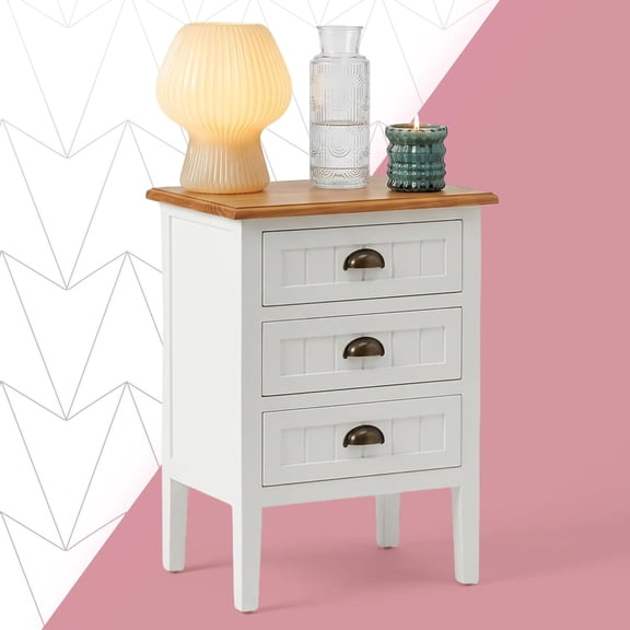 Martin White 3-Drawer Nightstand, Cottage Bedside Table with Acacia Wood Top, Fully Assembled Bedroom End Table