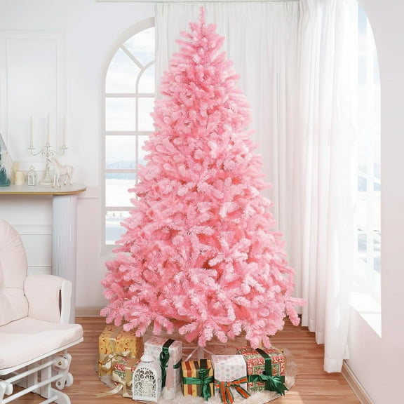 Martina 6.5ft Pink Christmas Tree Prelit with 978 Branch Tips, 450 Warm Lights and Metal Stand, 47" wide Realistic Artificial Christmas Tree with Lights by Naomi Home