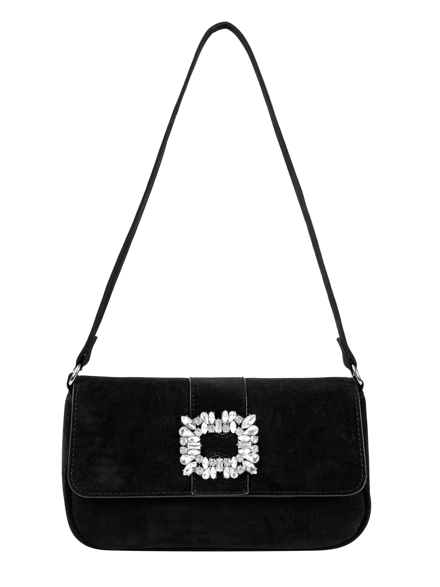 Women's Martina Velvet Flap Baguette Handbag in Black with Crystal Buckle