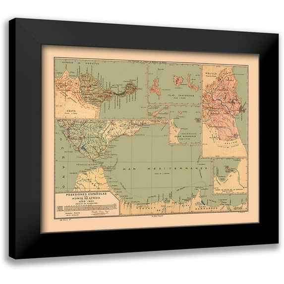 Martine 14x12 Black Modern Framed Museum Art Print Titled - North Africa Possessions Spain - Martine 1904