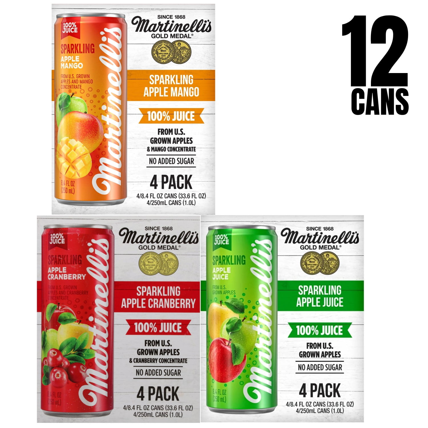 Martinelli’s Sparkling Juice Trio – Variety 12‑Pack, 3 Flavors, 8.4 fl oz Cans ✅