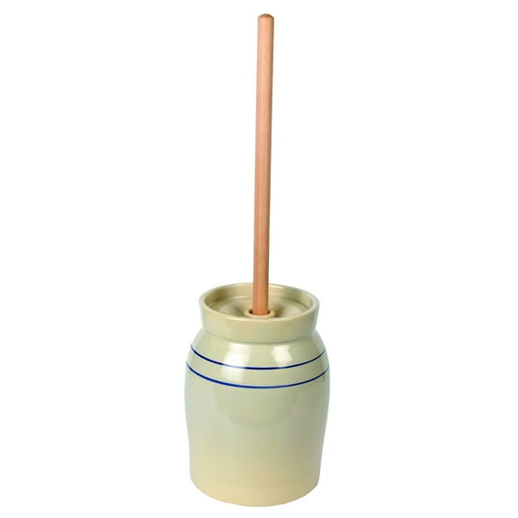 Martinez Pottery Butter Churn, Hand-Turned Stoneware Dasher-Style Churn, Natural Stone Color with Blue Stripes, 2 Gallon