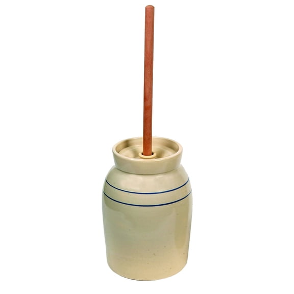 Martinez Pottery Butter Churn, Hand-Turned Stoneware Dasher-Style Churn, Natural Stone Color with Blue Stripes, 3 Gallon