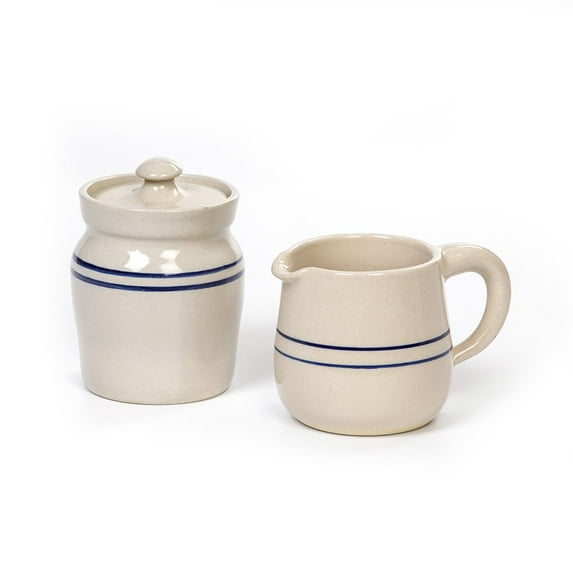 Martinez Pottery Heritage Blue Stripe Stoneware Sugar & Creamer Set