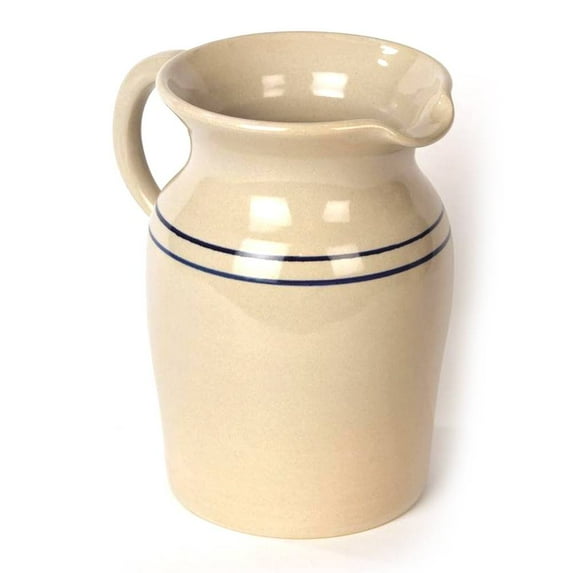 Martinez Pottery Stoneware Pitcher Vase, Natural with Blue Stripe Country Decor, Large
