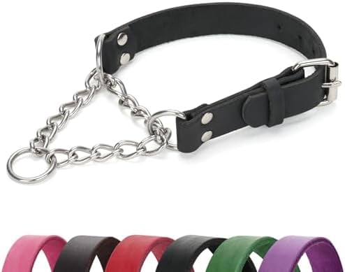Martingale Collar for Dogs No-Pull Adjustable Training Collar with Stainless Steel Chain - Genuine Leather Anti-Slip Design for Small,Medium,Large Breed Dogs - Black (L)
