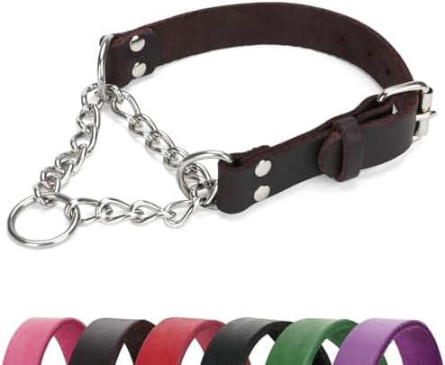 Martingale Collar for Dogs No-Pull Adjustable Training Collar with Stainless Steel Chain - Genuine Leather Anti-Slip Design for Small,Medium,Large Breed Dogs - Brown (S)