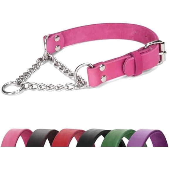 Martingale Collar for Dogs No-Pull Adjustable Training Collar with Stainless Steel Chain - Genuine Leather Anti-Slip Design for Small,Medium,Large Breed Dogs - Pink (M)