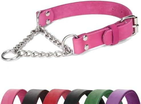 Martingale Collar for Dogs No-Pull Adjustable Training Collar with Stainless Steel Chain - Genuine Leather Anti-Slip Design for Small,Medium,Large Breed Dogs - Pink (S)