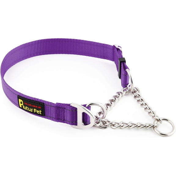 Martingale Dog Collar with Stainless Steel Chain and Reflective Nylon, Adjustable No Pull Training Collar, for Small Medium, Lar Dogs, Purple, M