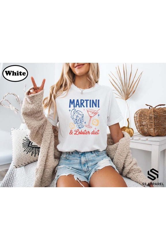 Martini And Lobster Diet Shirt, Coastal Cocktail Lover Tee, Preppy Seafood Dinner Top, Beach Club Happy Hour Graphic T-Shirt, Vintage Birthday Gift
