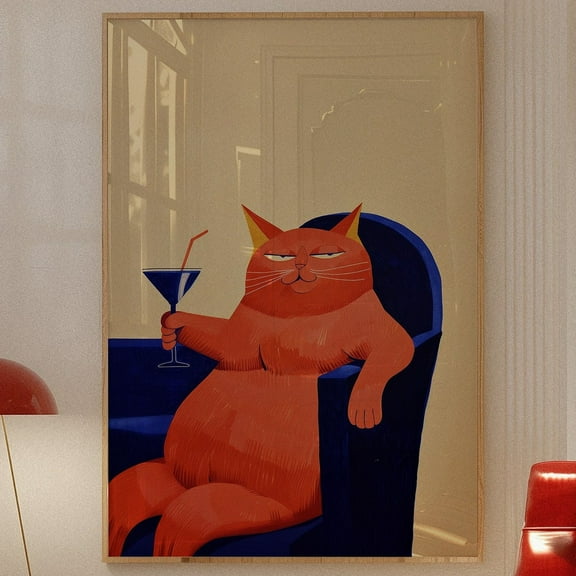 Martini Cat Art Print: Retro Mid-Century Modern Bar Cart Decor UNFRAMED PAPER POSTER, Home Decor, Vintage Gift, Living Room Dercor