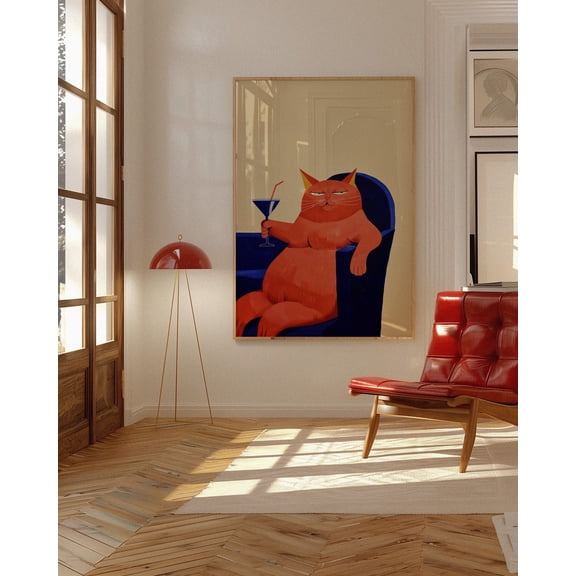 Martini Cat Art Print, Unframed Paper Poster 8x10in