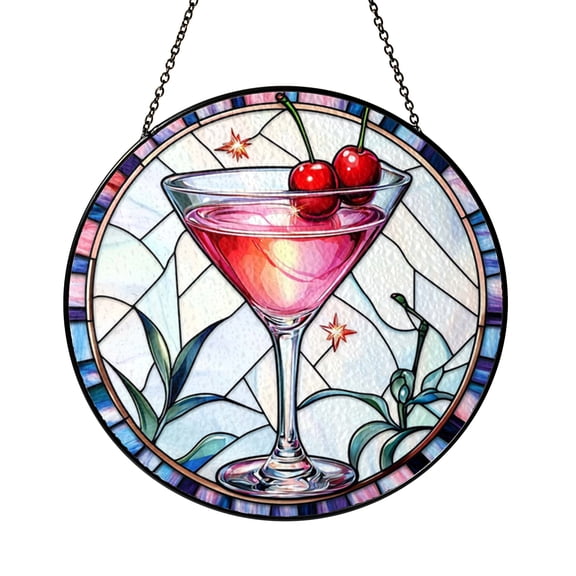 Martini Cocktail Drink Stained Glass Style Window Suncatcher Hanging Decor, Decorative Bar Drink Glass Panel Art for Kitchen Window Ornament