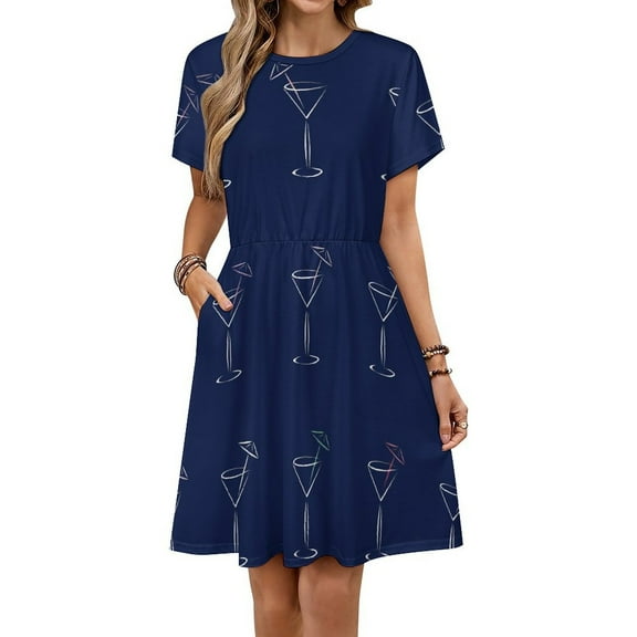 Martini Cocktail Glass Dress Summer Street Style Dresses Female Short Sleeve Printed Sundress