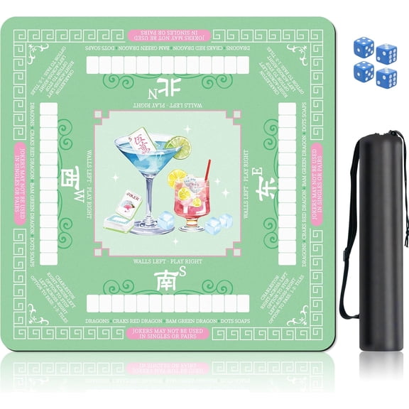 Martini Cocktail Mahjong Mat for Table - Non-Slip Noise Reduction Mahjong Table Mat with Dice and Carrying Bag 31.5"x31.5" Portable Gaming Table Cover for Playing Card Poker Board Games (Green)