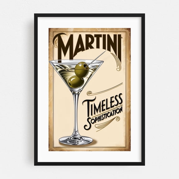 Martini Cocktail Poster: Vintage Art Deco Elegance - Illustration Cocktail Vintage Poster Art Deco Typography Kitchen Decor Retro Bar Black Framed Wall Art Print 5 x 7 inches