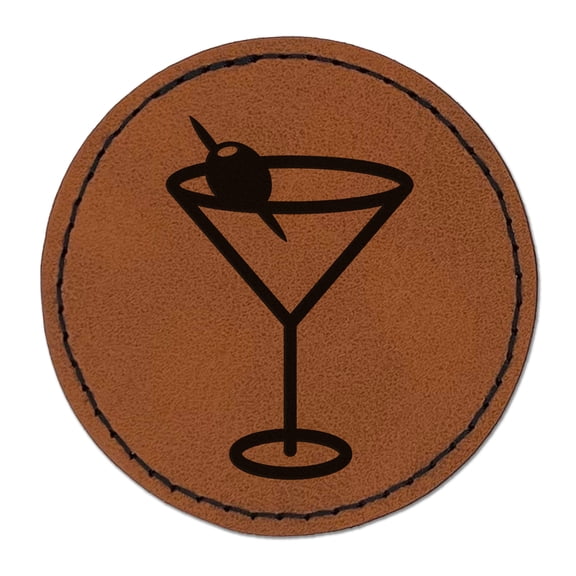 Martini Cocktail with Olive 2.5" Faux Leather Round Engraved Iron-On Patch - Brown