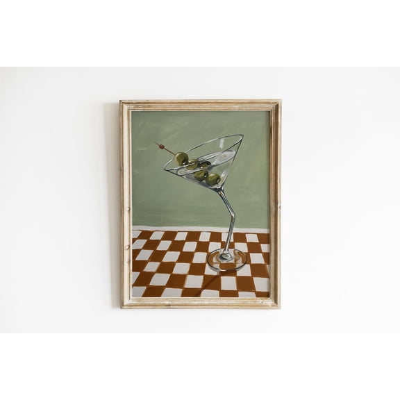 Martini Glass Art Poster: Checkerboard Bar Cart Decor, Stretched Canvas Size 16x24