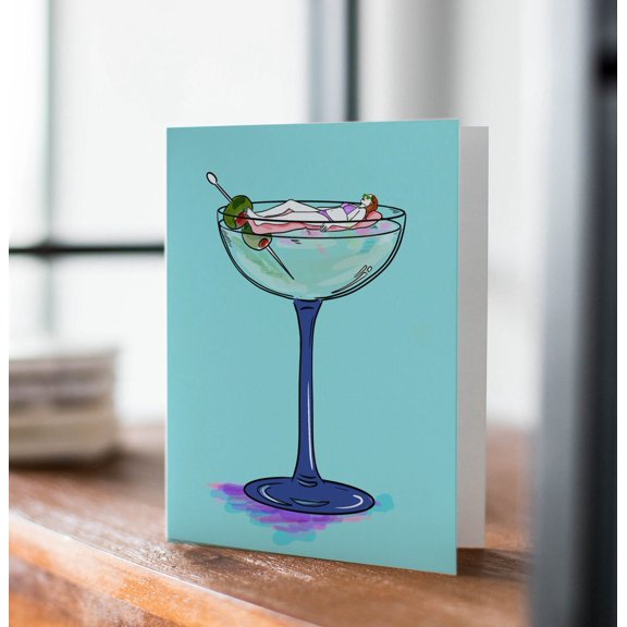 Martini Glass Pool Float Greeting Card, Woman Relaxing in Cocktail Drink, Summer Birthday Card