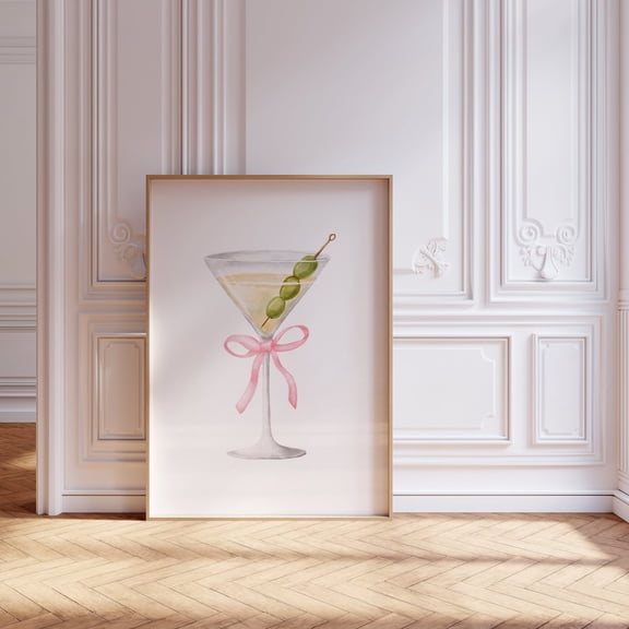 Martini Glass Print, Pink Bow Coquette Bar Cart Art Pdf, 5 Sizes Home Decor #472, Unframed Poster Size 8x12