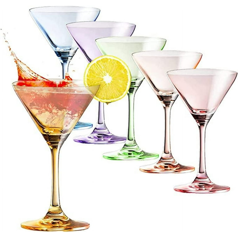 Martini Glasses Set of 6 | 8oz | Crystal Luxury Martini Glass - Elegant Colors - Premium Hand-Blown | Art Deco Cocktail Colored Coupes for Manhattan