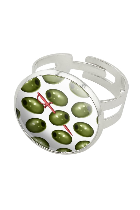 Martini Green Olive Pattern Silver Plated Adjustable Novelty Ring