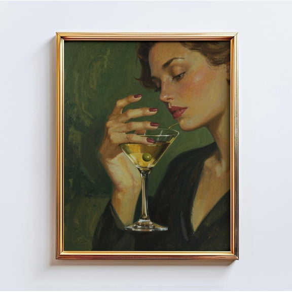 Martini Muse – Moody Feminine Art Print, Olive Green Wall Art, Elegant Woman Poster, Unframed Poster Size 16x24