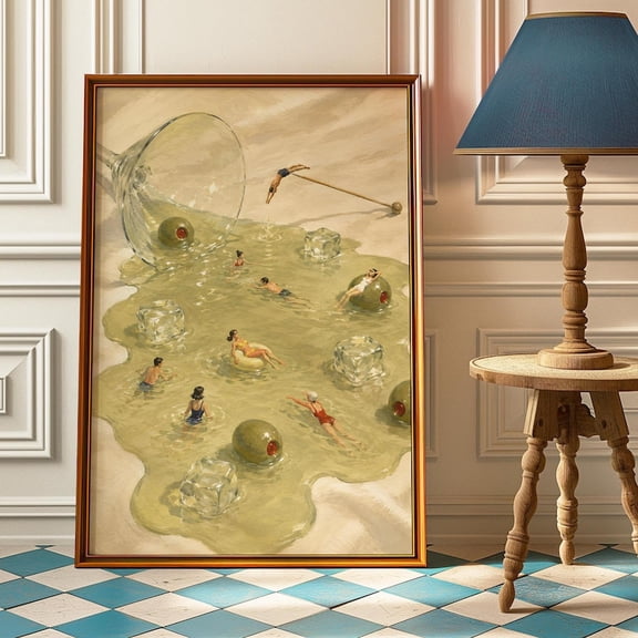 Martini Pool Poster – Tiny Swimmers Cocktail Wall Art | Retro Olive Print Unframed Poster
