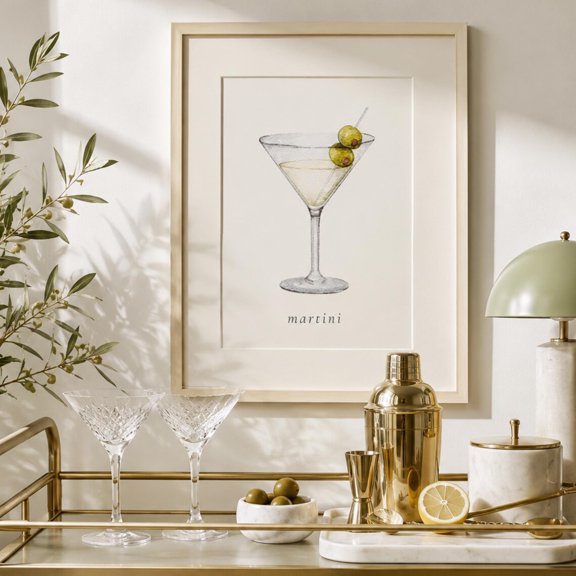 Martini Print Neutral Cocktail Bar Cart Artwork, Unframed Paper Print