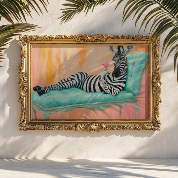 Martini Zebra Lounge Print Pink Cocktail Animal Wall Art Glamorous Fun Decor, Unframed Paper Print