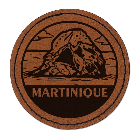 Martinique Diamond Rock Country Destination Travel Landmark Round Iron-On Engraved Faux Leather Patch Applique - 2.5 Inch - Brown