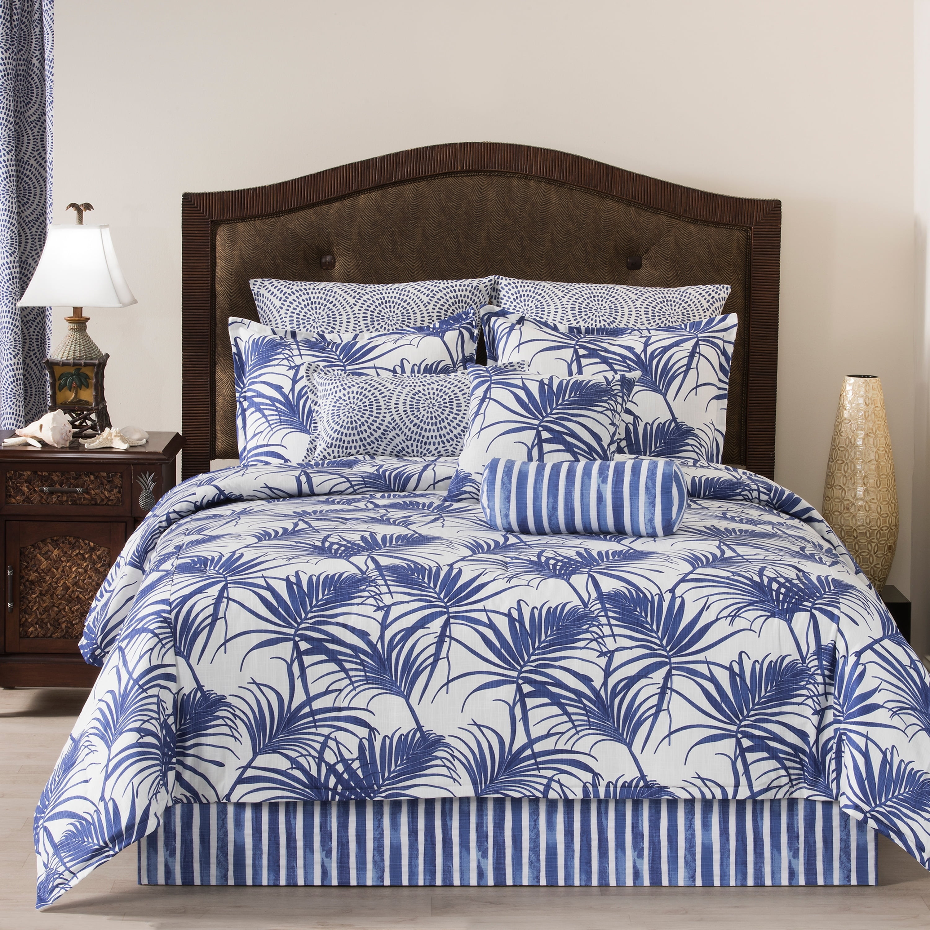 Full Size Royal Blue Cotton Tropical Leaves Comforter Set