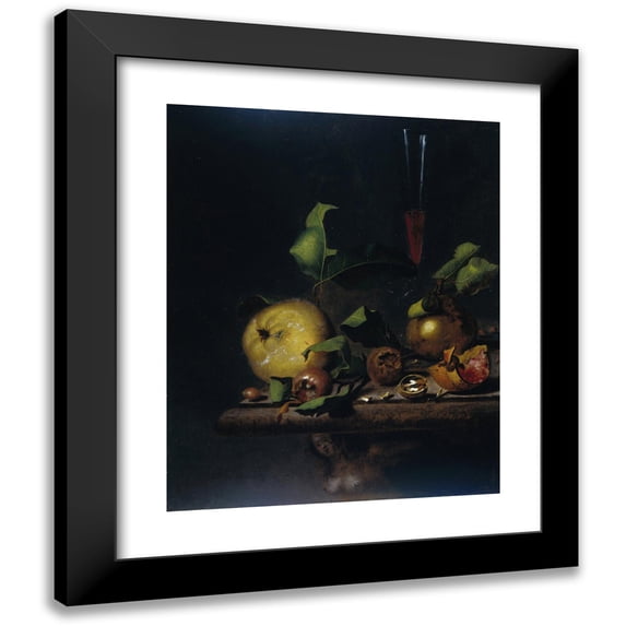 Martinus Nellius 12x14 Black Modern Framed Museum Art Print Titled - Still Life with Quinces, Medlars and a Glass (1669 - 1719)