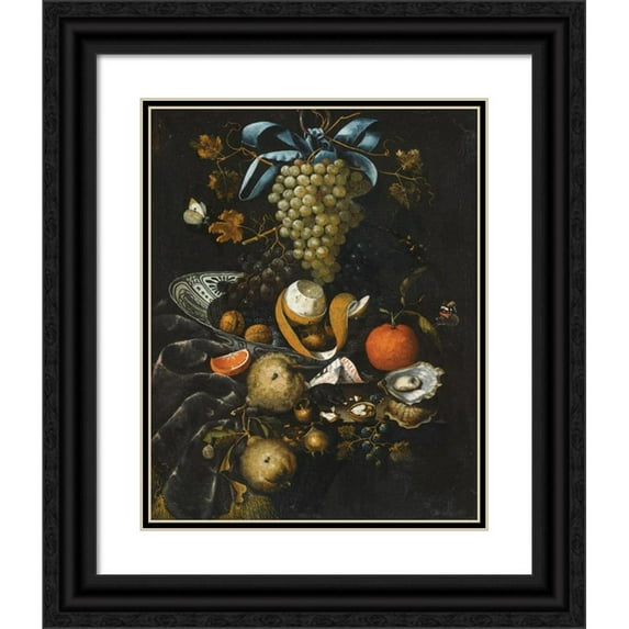 Martinus Nellius 15x18 Black Ornate Wood Framed Double Matted Museum Art Print Titled - A Still Life of Blue and White Grapes, Walnuts, A Half-Peeled Lemon and Blackberries in a Wan-Li