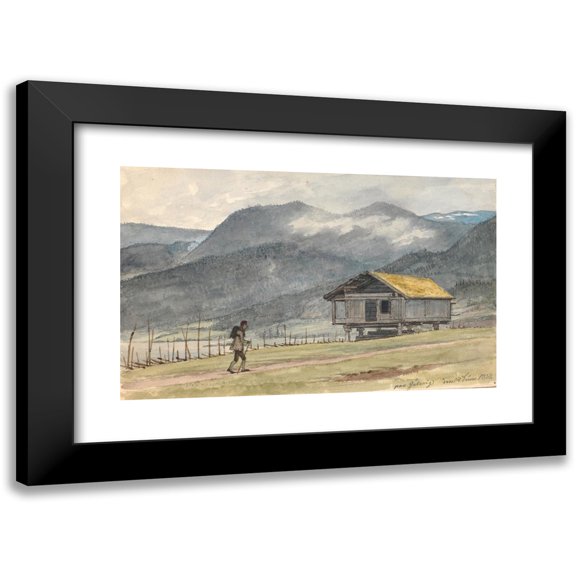 Martinus Rørbye 14x11 Black Modern Framed Museum Art Print Titled - Mountain Landscape with Hut and Wandering (1831 - 1832)