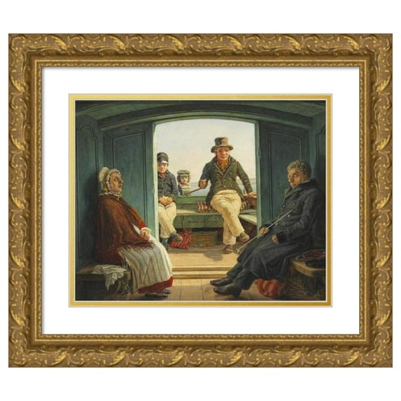 Martinus Rørbye 14x12 Gold Ornate Wood Frame and Double Matted Museum Art Print Titled - Travel Scene on Board in a Dutch Drag Skating (1846)
