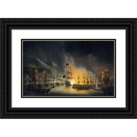 Martinus Schouman 14x10 Black Ornate Wood Framed Double Matted Museum Art Print Titled: The Bombardment of Algiers (26-27 August 1816) (1823)