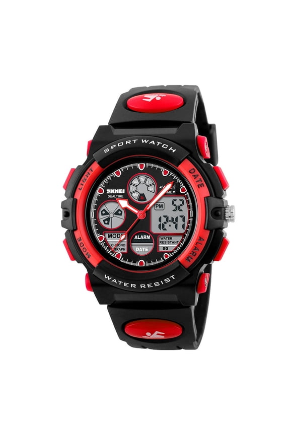 Multifunction Alarm Digital Watch, Analog-Digital Display, 3Atm Water Resistant, Led Backlight, Stopwatch, Date Readout, Rubber Strap, Matte Finish, For Commutes, Training, Outdoors(Red)