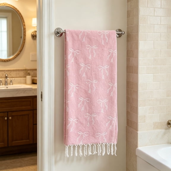 Marttyga Portable Fringed Absorbent Travel Towel,Quick Drying Lightweight Cotton Tassel Decorative Edge Machine Wash Durable Versatile Towel For Beach Yoga Workout Bathing(Pink)